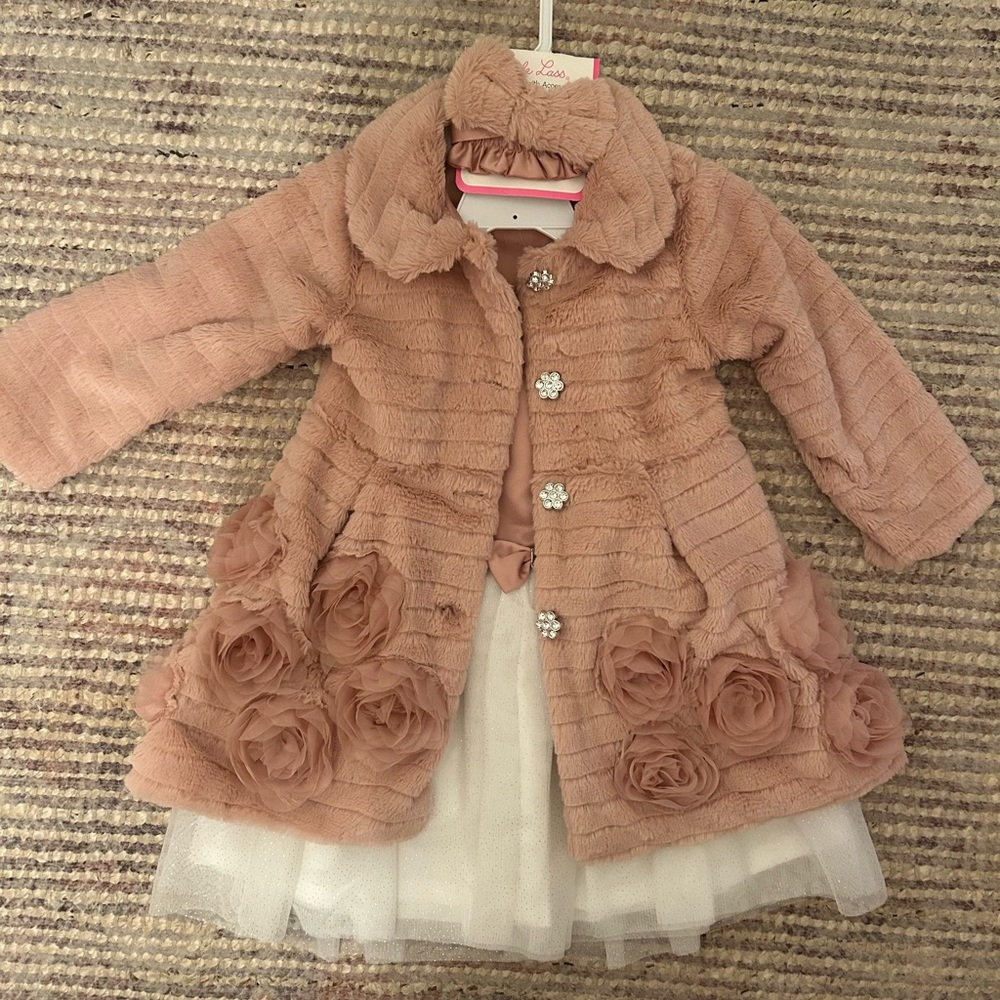 NWT Little Lass 3 piece set. Faux fur coat, satin and tuille look dress headband